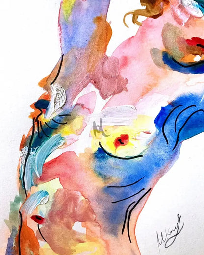 Abstract watercolor painting with colorful shapes and a signature in the corner.