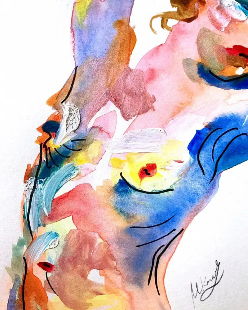 Abstract watercolor painting with colorful shapes and a signature in the corner.
