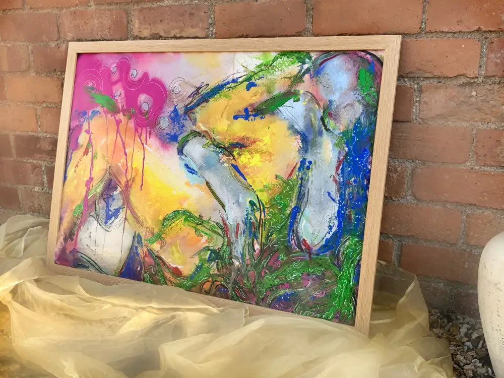 Beautiful Abstract original painting in a wooden frame, leaning against a brick wall