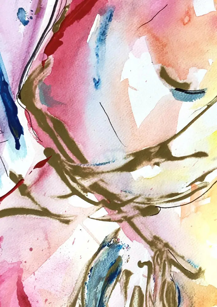 Abstract watercolor painting with pink, blue, and yellow colors
