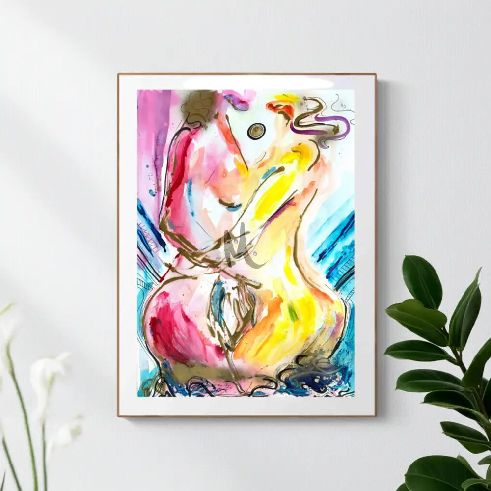 abstract colourful painting of two women, framed on the wall