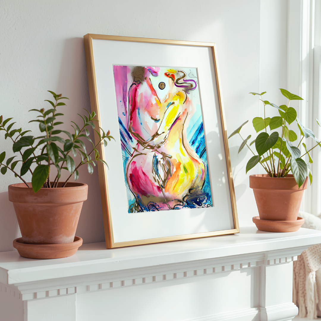 Framed abstract painting two women - lesbian art on a white surface with two potted plants