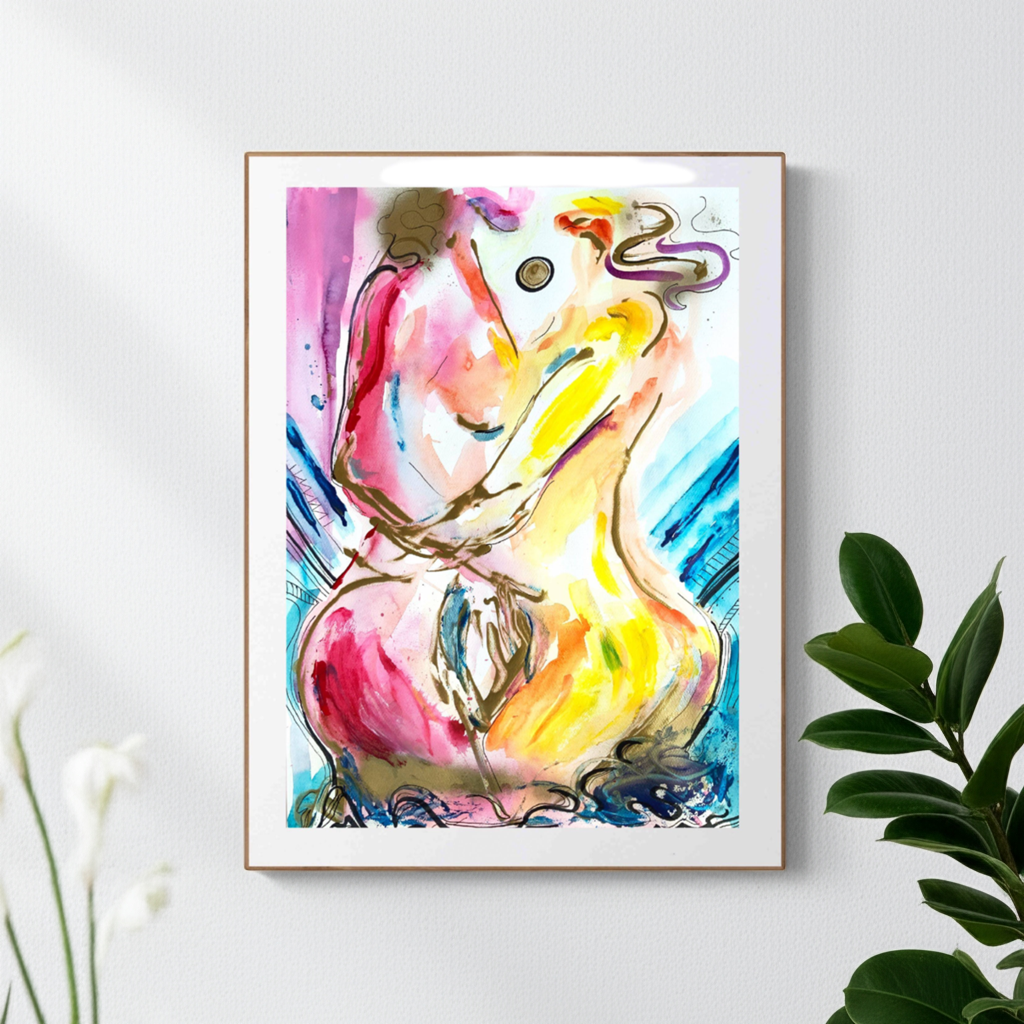 abstract colourful painting of two women, framed on the wall