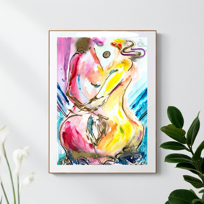 abstract colourful painting of two women, framed on the wall