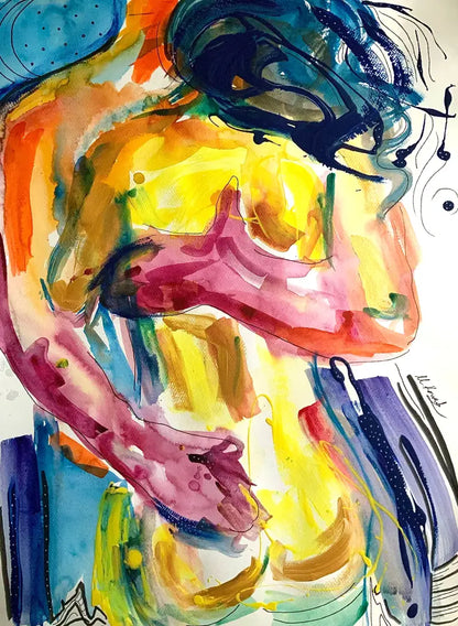 Colorful abstract painting of a couple with watercolor textures