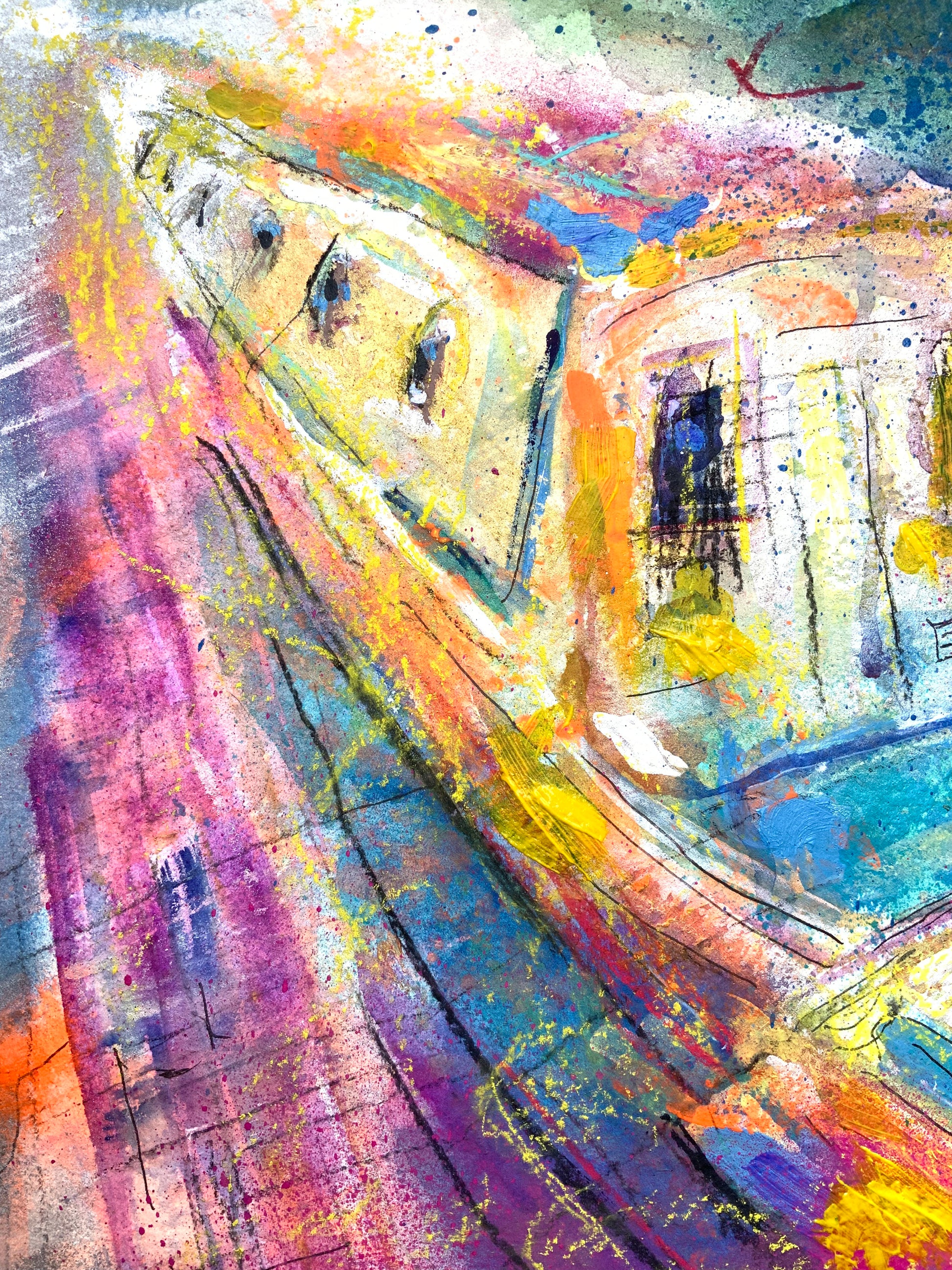 Abstract artwork with vibrant colors and dynamic lines of a narrow boat