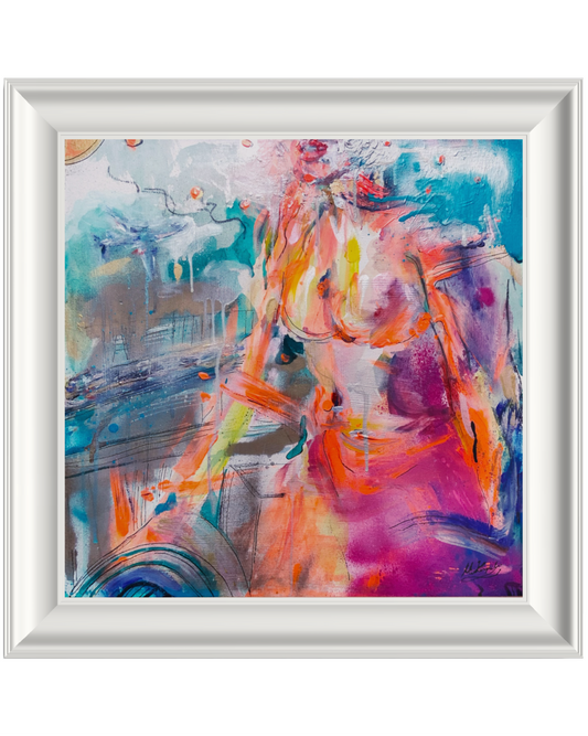 An abstract painting of a female nude figure in vibrant shades of orange, pink, purple, and blue, presented in a white frame.