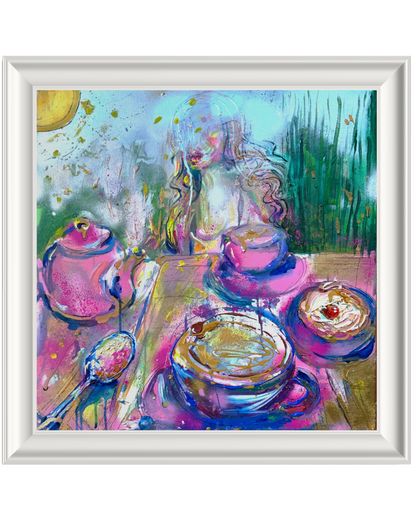 A framed abstract painting depicting a whimsical tea-time scene with teapots, cups, and pastries in vibrant shades of pink, purple, blue, green, and gold, presented in a white frame.