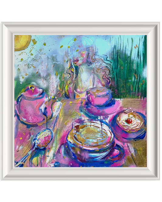 A framed abstract painting depicting a whimsical tea-time scene with teapots, cups, and pastries in vibrant shades of pink, purple, blue, green, and gold, presented in a white frame.