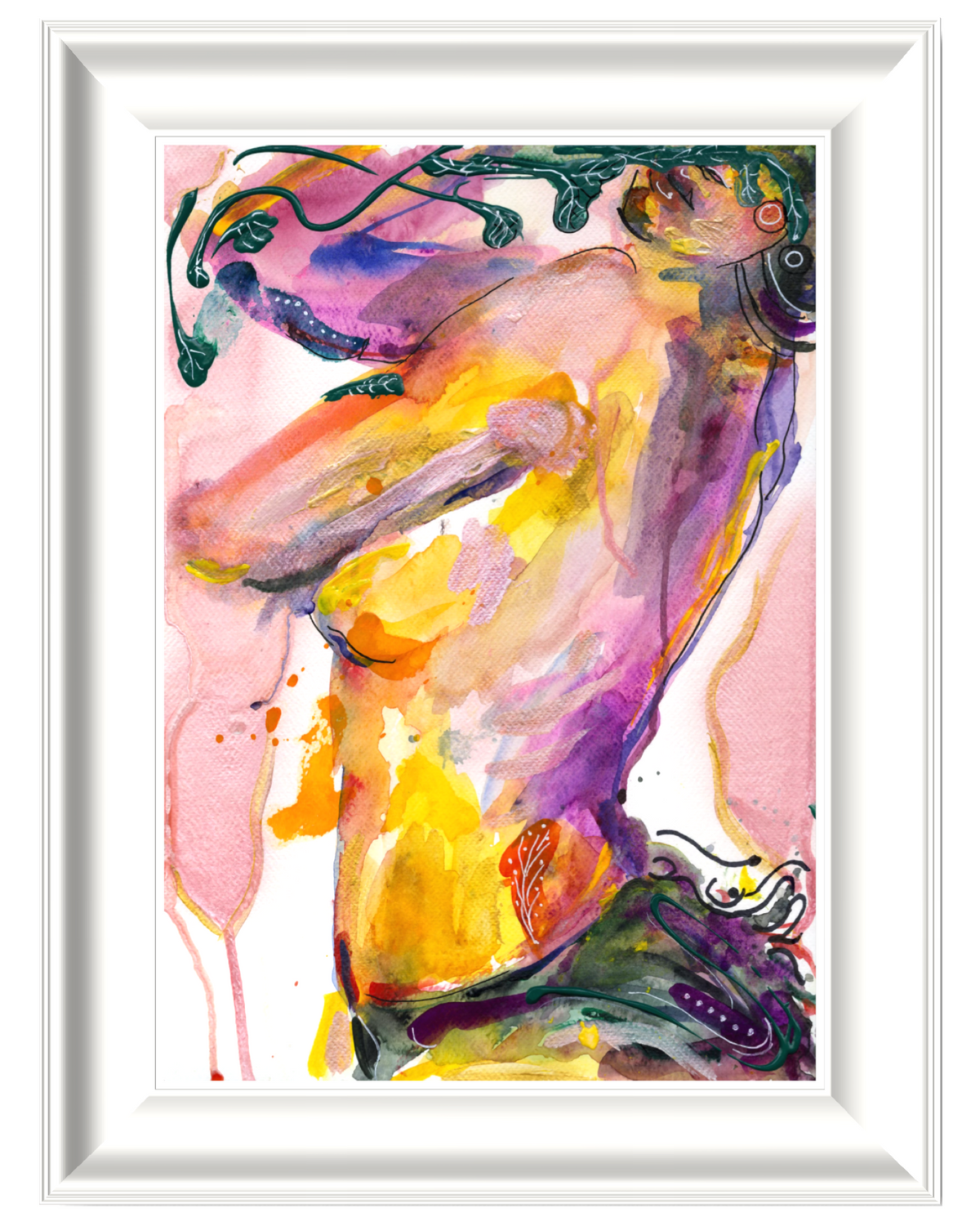A framed abstract watercolor painting depicting a stylized human torso in flowing shades of yellow, purple, pink, and green, presented in a white frame against a white background.