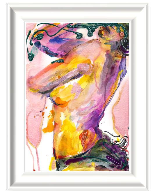 A framed abstract watercolor painting depicting a stylized human torso in flowing shades of yellow, purple, pink, and green, presented in a white frame against a white background.