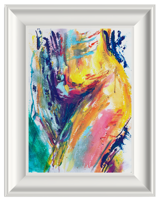 A framed abstract painting featuring expressive, colorful brushstrokes in yellow, blue, pink, purple, green, and orange on a white background, enclosed in a white frame.