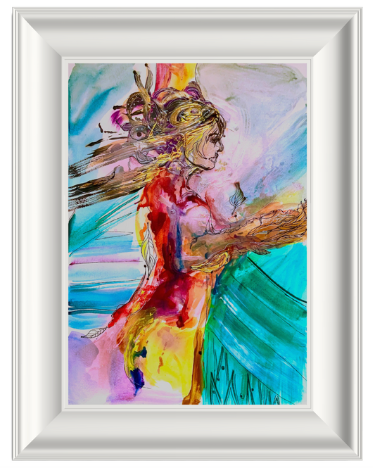 A framed abstract painting of a woman in profile, rendered in expressive brushstrokes of red, yellow, turquoise, purple, and gold, set within a white frame.