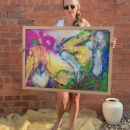 woman holding an Abstract painting about love, couples for sale in the UK