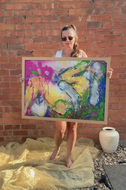 woman holding an Abstract painting about love, couples for sale in the UK