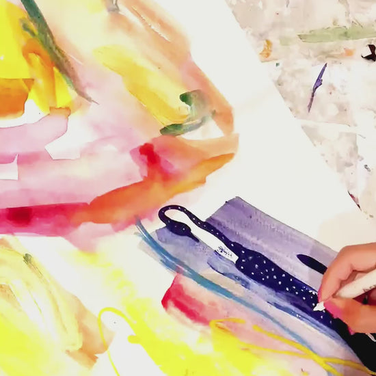 a person is creating a painting of a couple in an abstract style