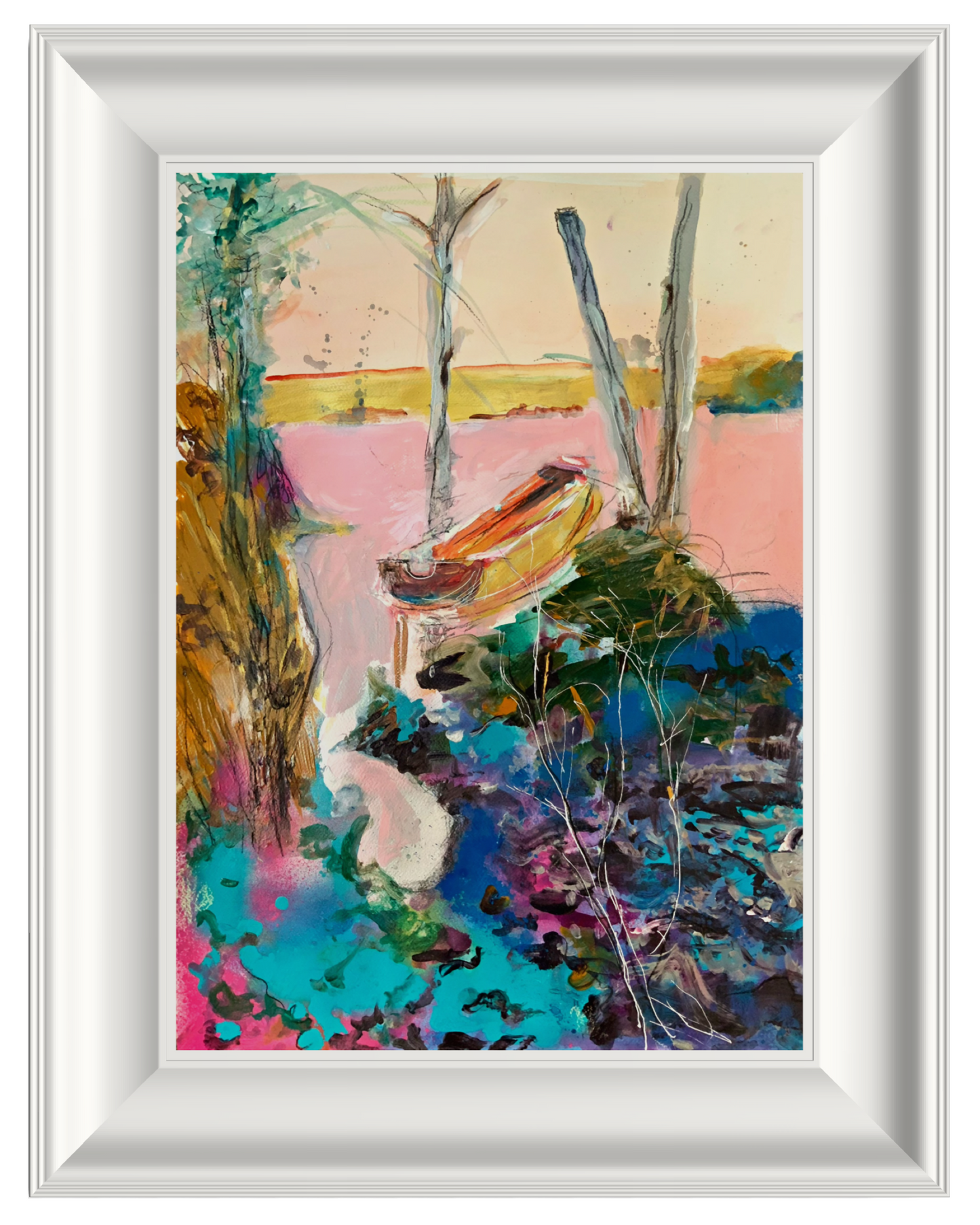 A framed abstract landscape painting featuring a pink body of water, a small orange boat, and trees in vibrant shades of blue, green, and yellow, presented in a white frame.