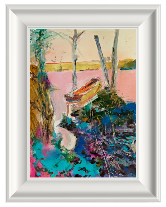 A framed abstract landscape painting featuring a pink body of water, a small orange boat, and trees in vibrant shades of blue, green, and yellow, presented in a white frame.