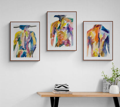 Abstract Nude Man Body Set of 3 Wall Art ‘He, Unveiled - Trilogy‘
