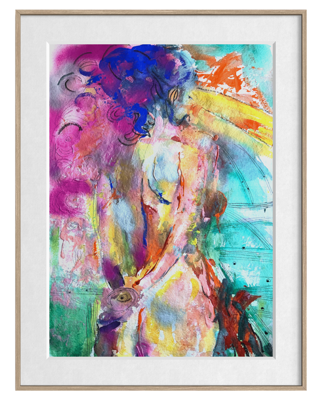 A framed abstract art print featuring a colorful, painterly depiction of a seated figure with vibrant strokes of purple, blue, yellow, pink, green, and orange, set in a light wood frame with a white mat.