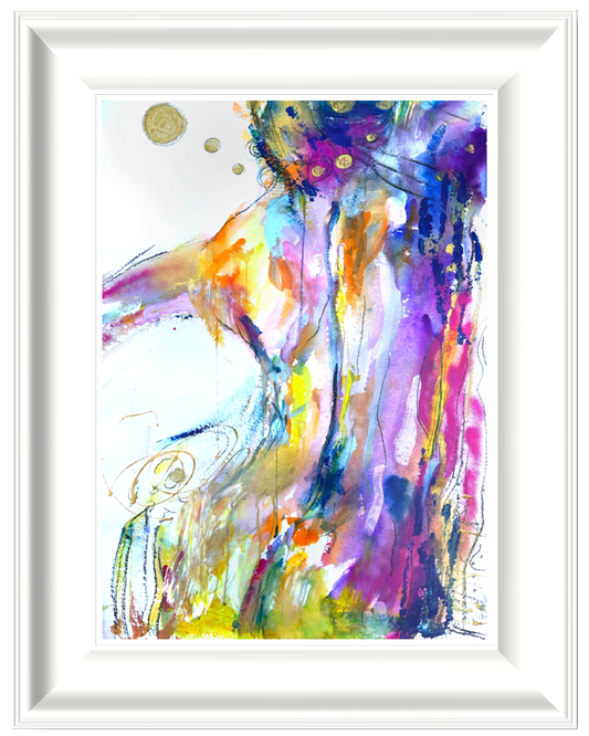 Framed abstract watercolor painting featuring a colorful female figure in purple, blue, yellow, orange, and green tones, presented in a white frame.