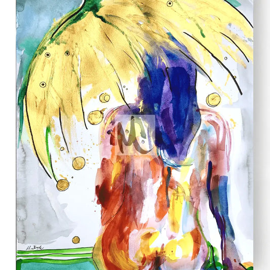 abstract painting showcasing a woman holding an umbrella 