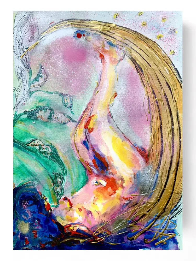 abstract painting showing a woman lying on the moon