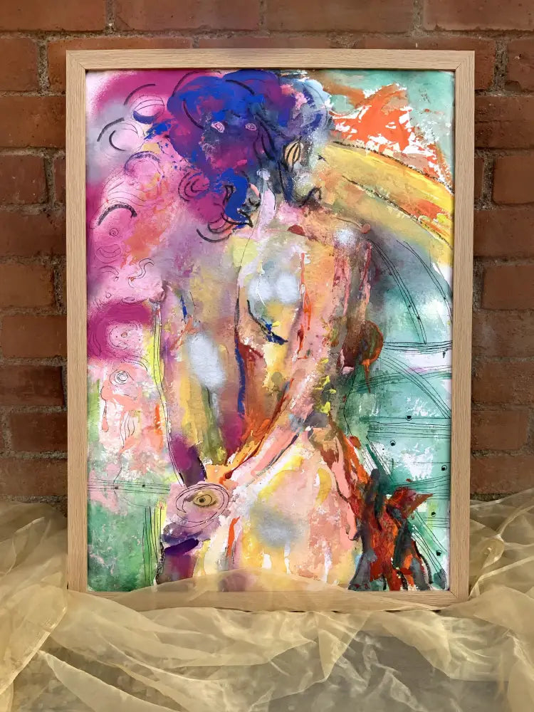 original abstract painting of a woman, framed, leaning against a wall 