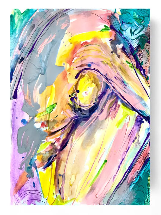 a colourful abstract painting of a woman fugure