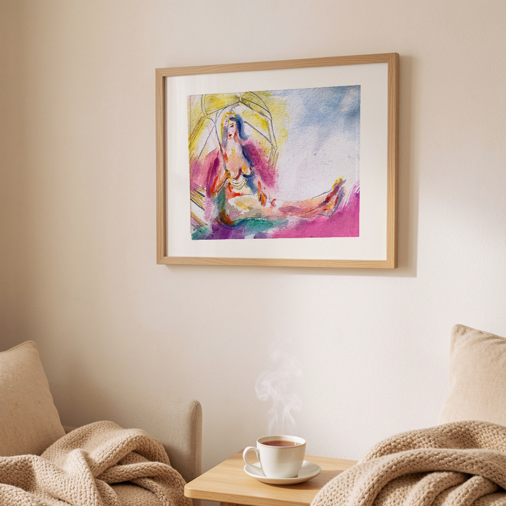 Framed abstract painting on a wall above a cozy seating area with a cup of coffee.